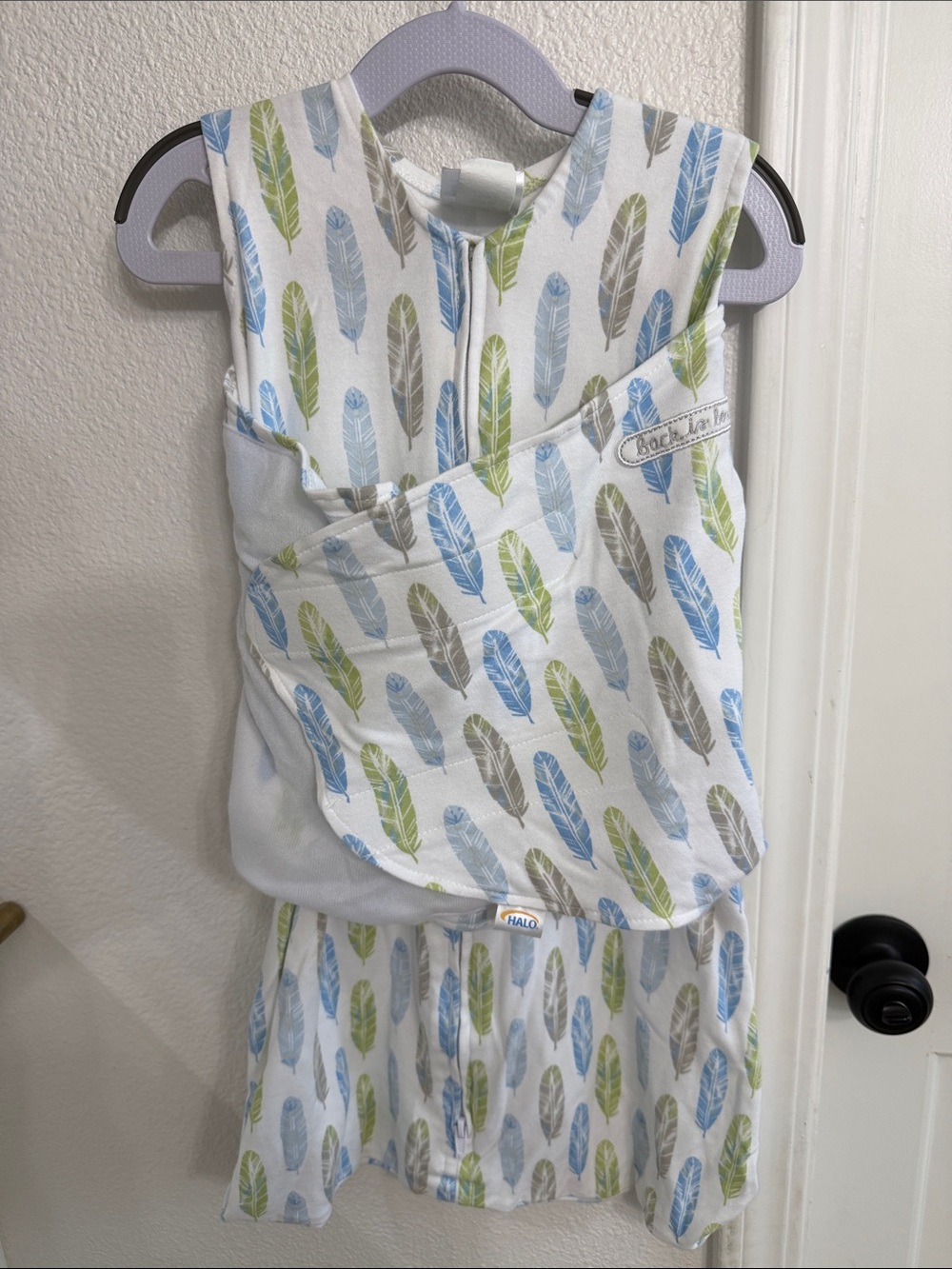 Halo Baby SleepSack Swaddle with Blue, Green, Gray Feather Print - Size Small